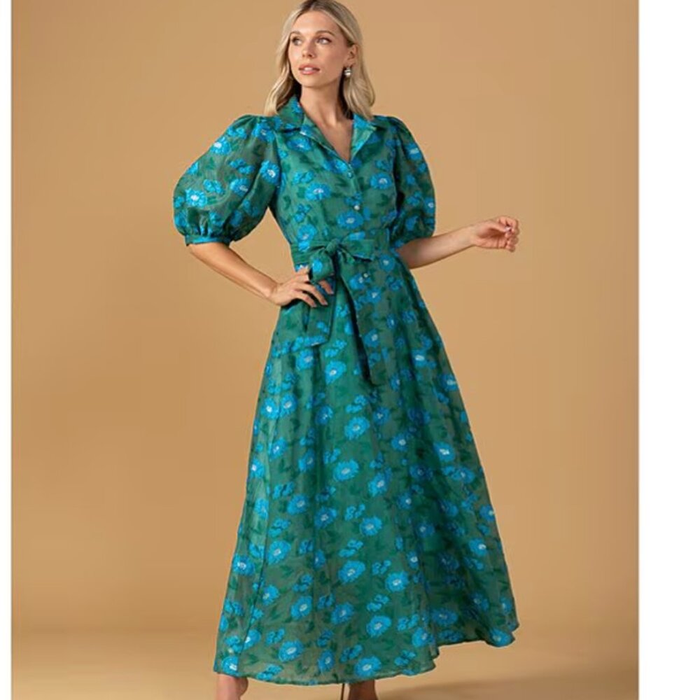 Green Floral Maxi Dress with Tie Waist - Picture 5 of 9